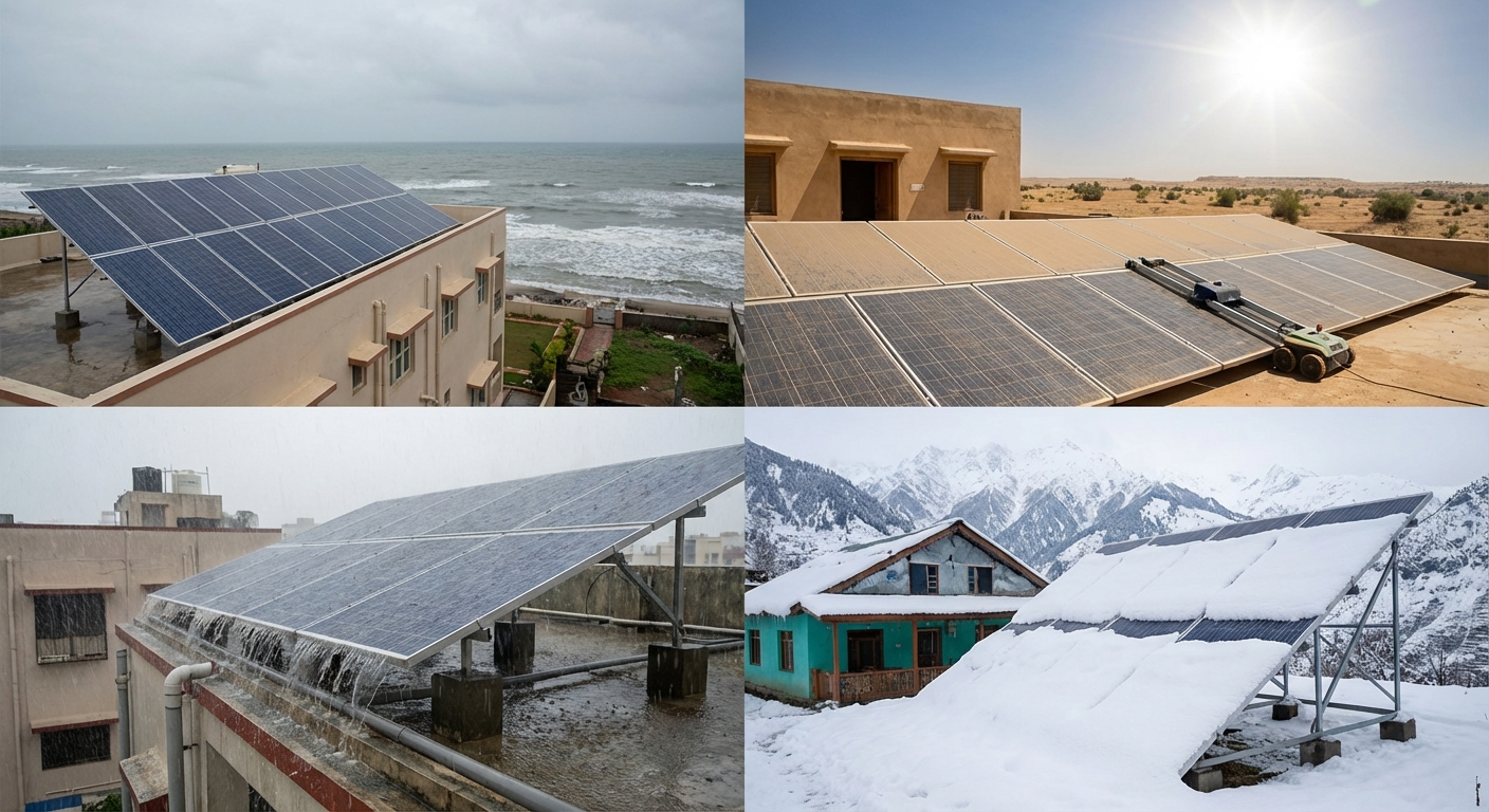 Optimized rooftop design India solar panel layout showing tilt angle orientation and spacing for maximum efficiency