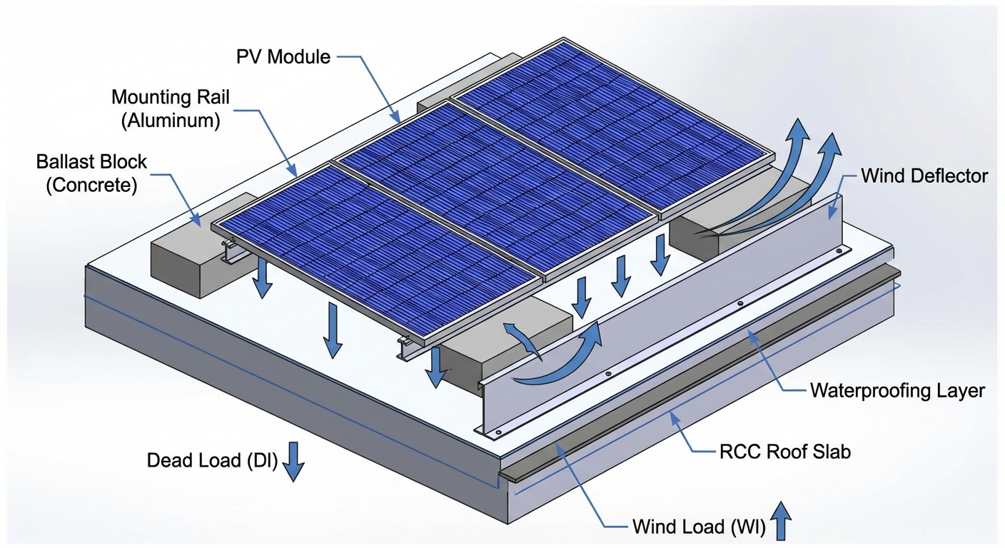 Technical illustration of rooftop design India structural load distribution and mounting system components