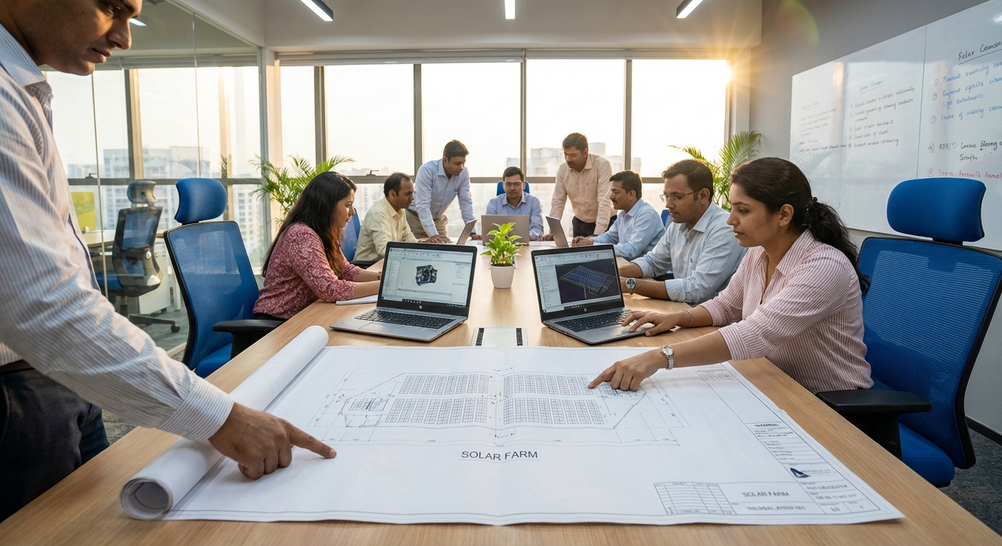 Solar design partner evaluation process with EPC team reviewing technical blueprints and project documents