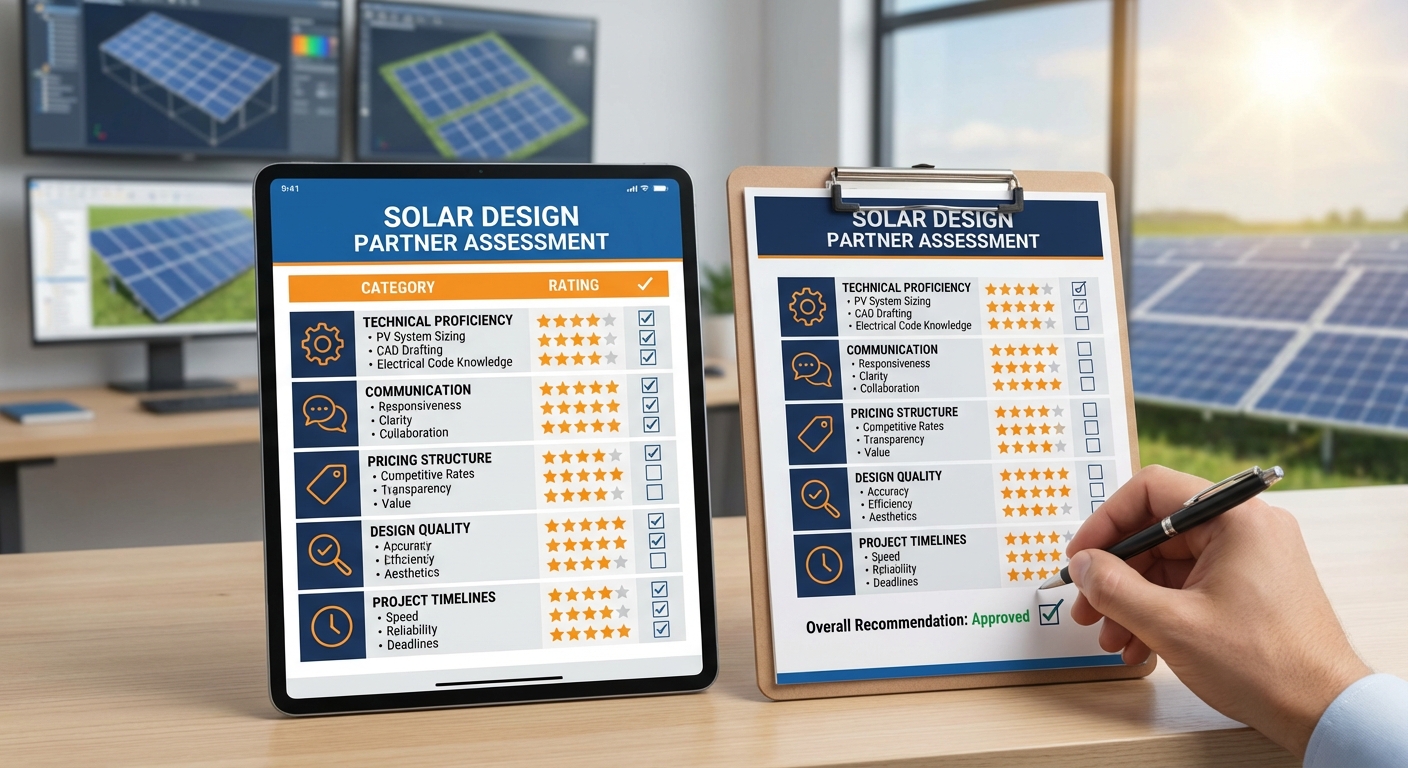 Solar design partner evaluation checklist scorecard for EPC companies assessing potential partners