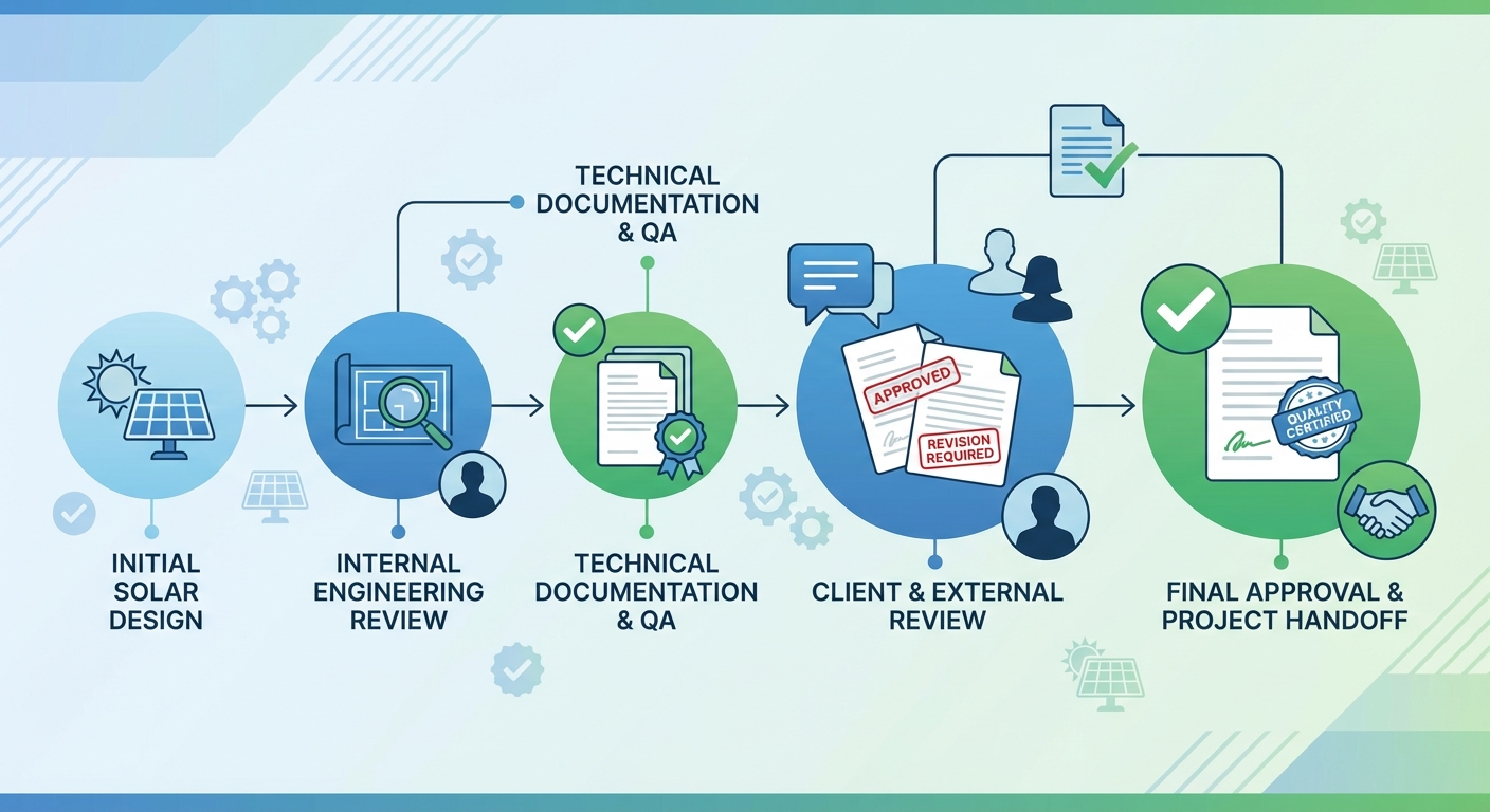 Quality assurance workflow for solar design partner evaluation showing multi-stage review and approval process