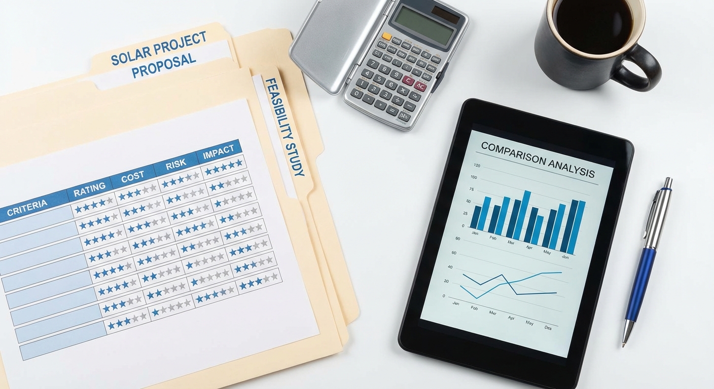 Business evaluation framework showing scorecard with criteria ratings and solar project documents for partner selection