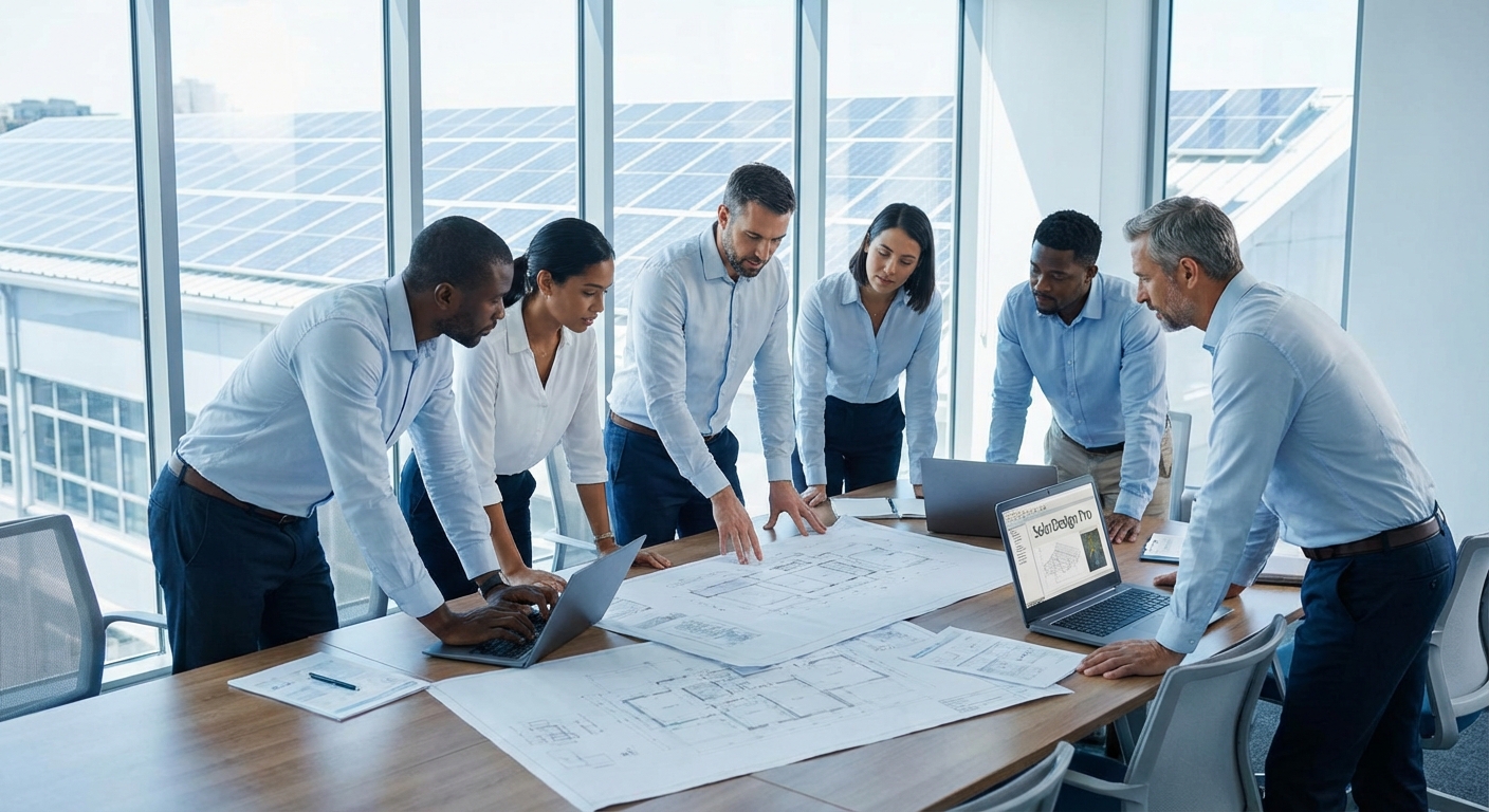 Solar engineering team collaborating on project designs and technical drawings in modern office