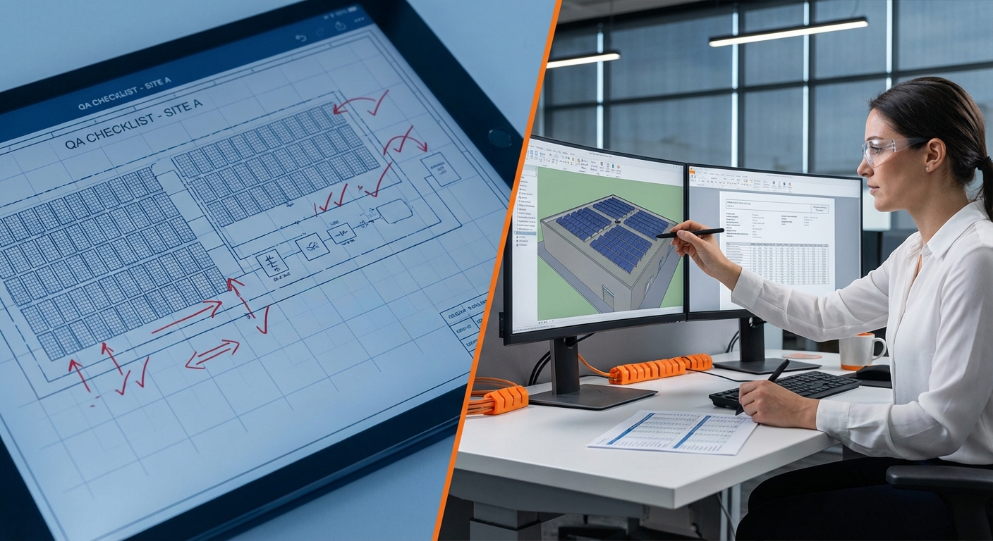 Quality control process in solar engineering showing detailed technical drawings with review annotations and engineer verification