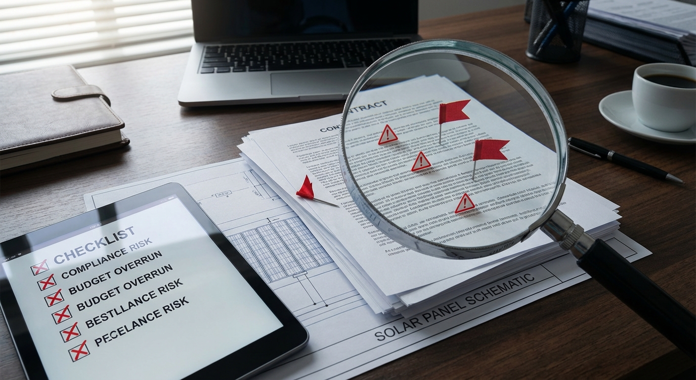 Magnifying glass examining documents with warning symbols and red flags representing careful partner evaluation