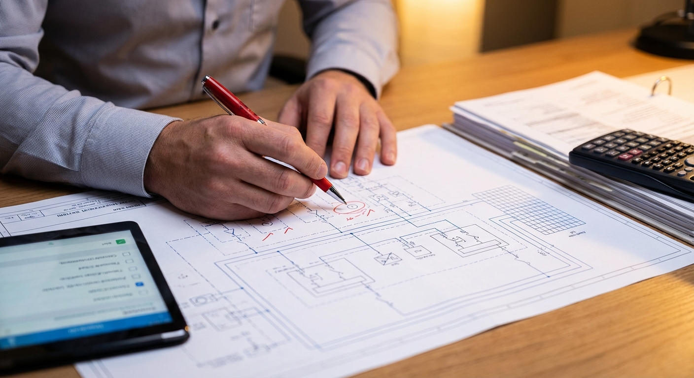 Solar engineer reviewing and checking technical drawings for quality control and accuracy