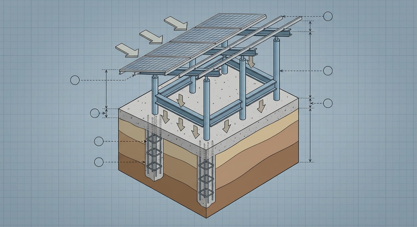 Structural engineering drawings for solar mounting foundation and load calculations