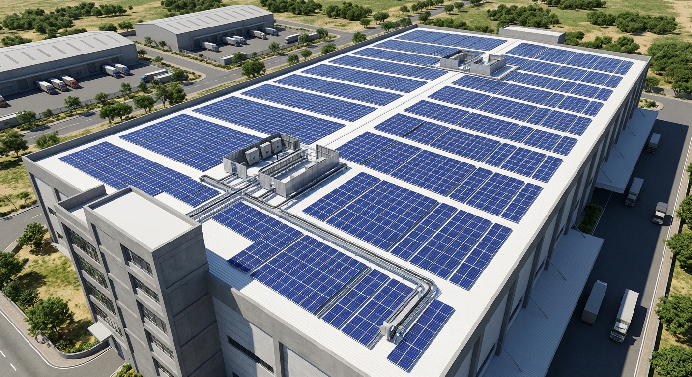 3D visualization of commercial solar installation showing detailed layout and design