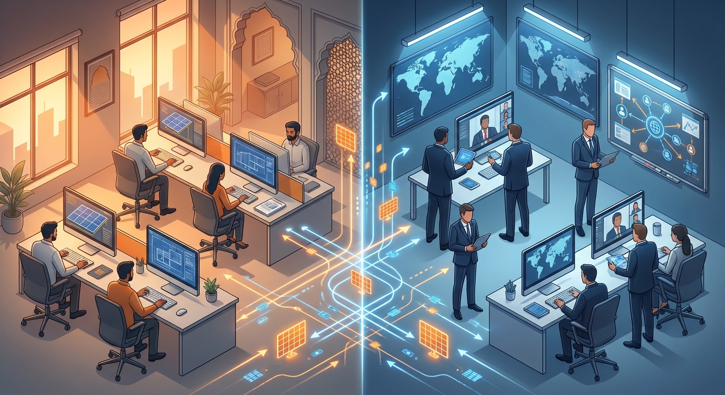 offshore vs onshore design outsourcing India comparison visualization for solar EPC companies