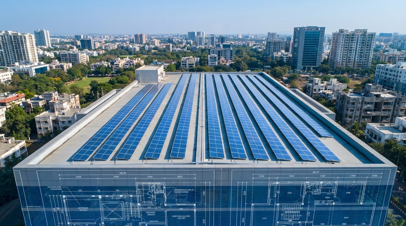Rooftop solar installation in India with engineering blueprints showing design compliance requirements