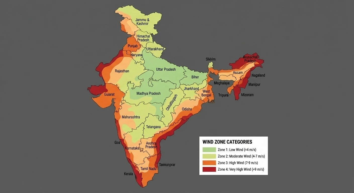 Map of India showing wind zone classifications for rooftop solar design requirements