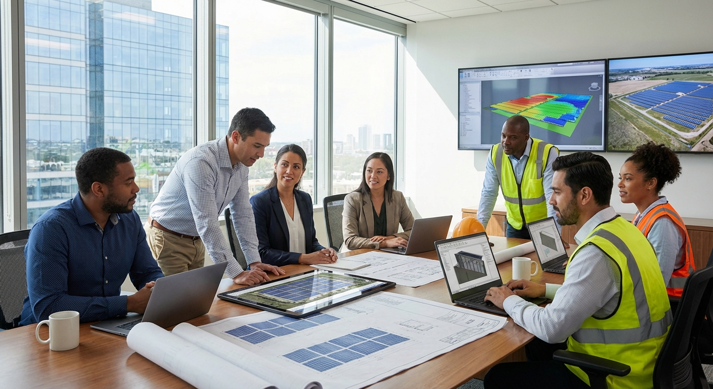 Professional solar project management team reviewing MW-scale solar installation plans and engineering drawings in modern Indian office