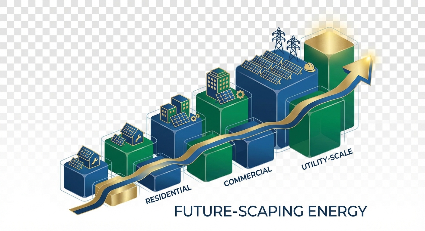 Scalability visualization showing growth from small to large-scale solar projects with flexible project management approaches