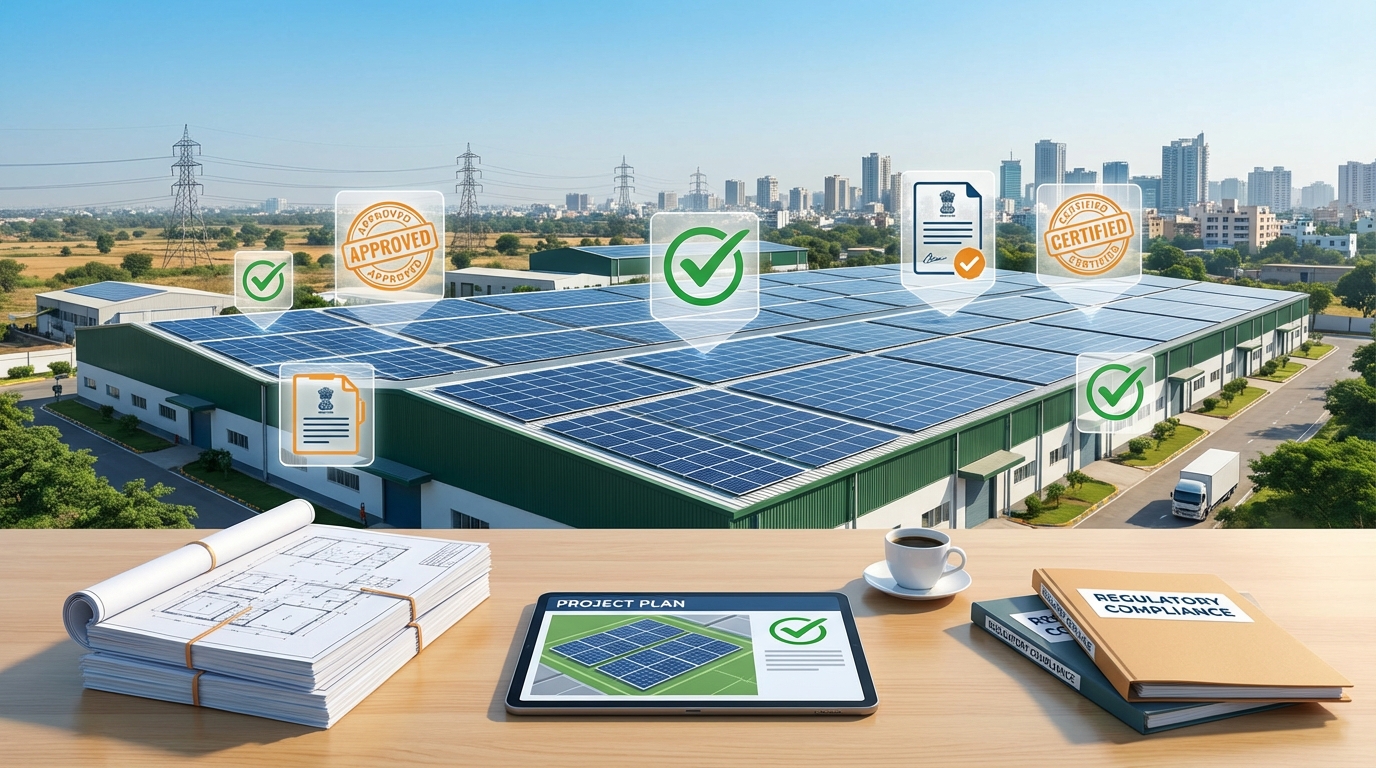 Solar compliance regulatory framework for EPC companies in India showing documentation and solar installations