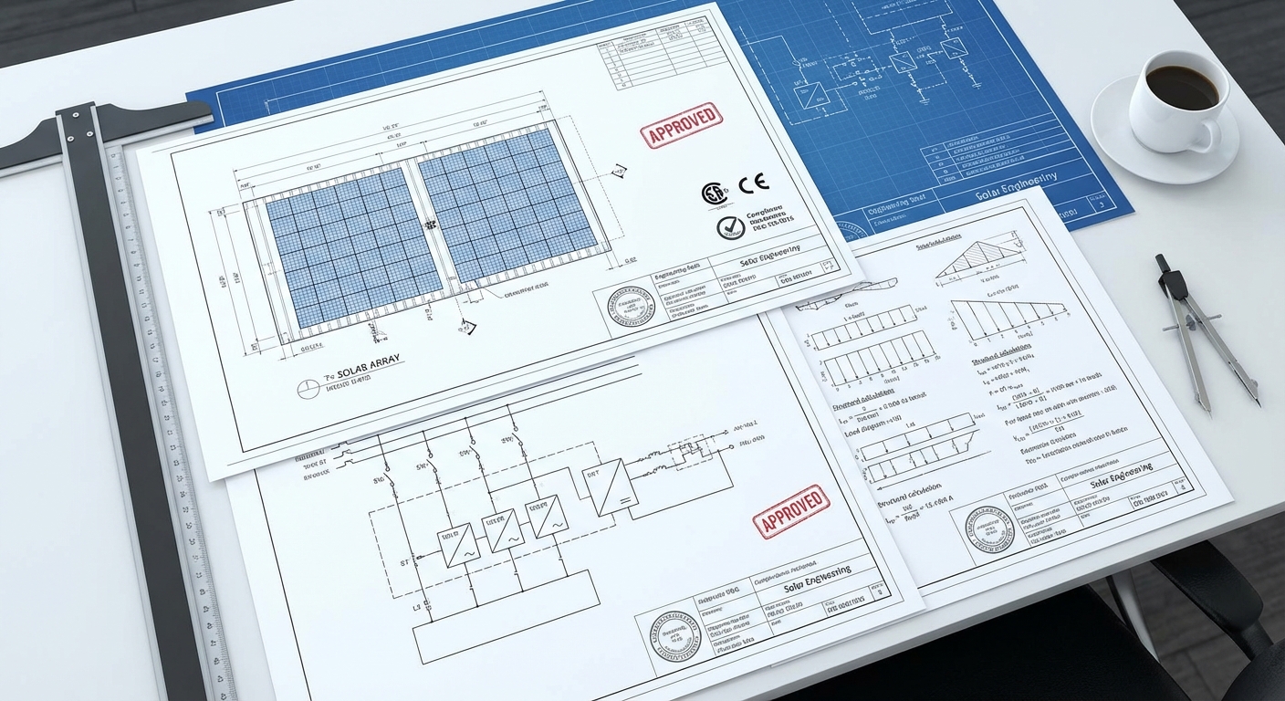 Detailed solar engineering drawings showing single-line diagrams and structural calculations for permit compliance