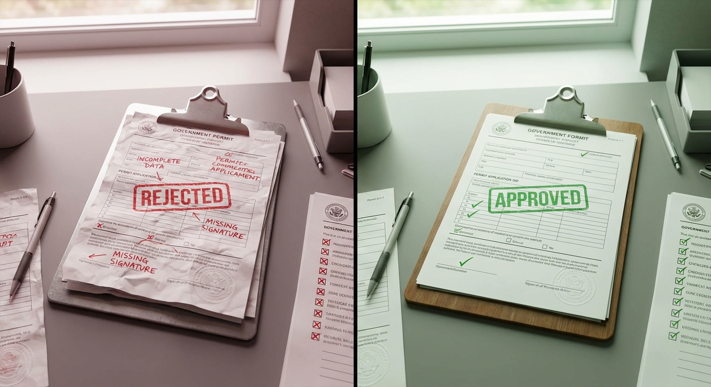 Permit application review process showing rejected and approved documents with compliance checkmarks