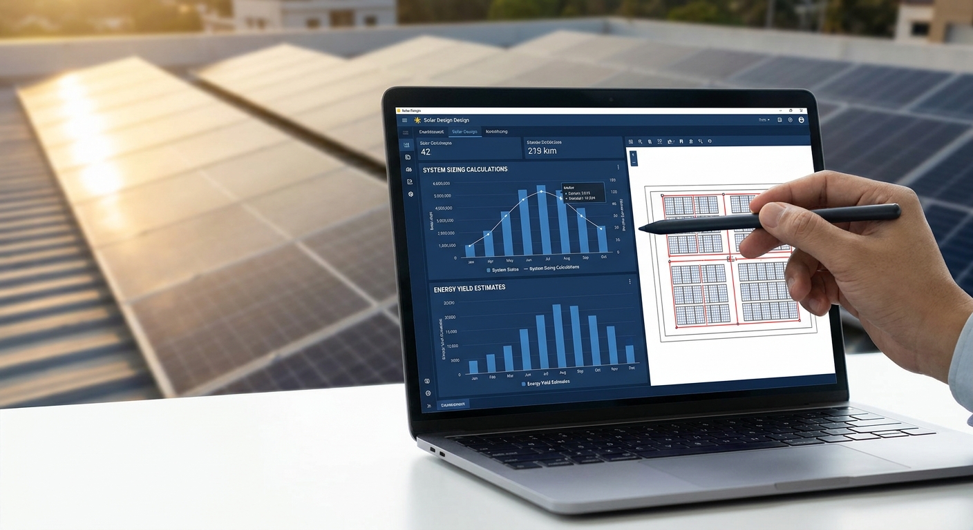 solar capacity system sizing calculations on design software with rooftop solar panels in background