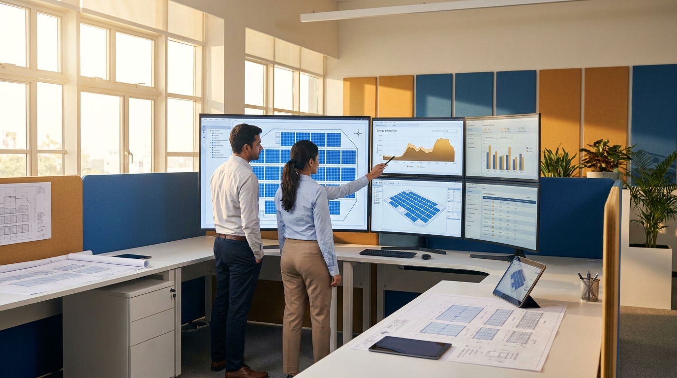 solar capacity planning engineers reviewing system sizing data in professional office