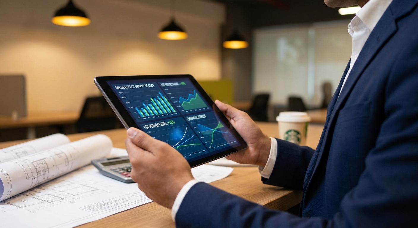 solar capacity ROI planning with financial charts and engineering drawings on desk