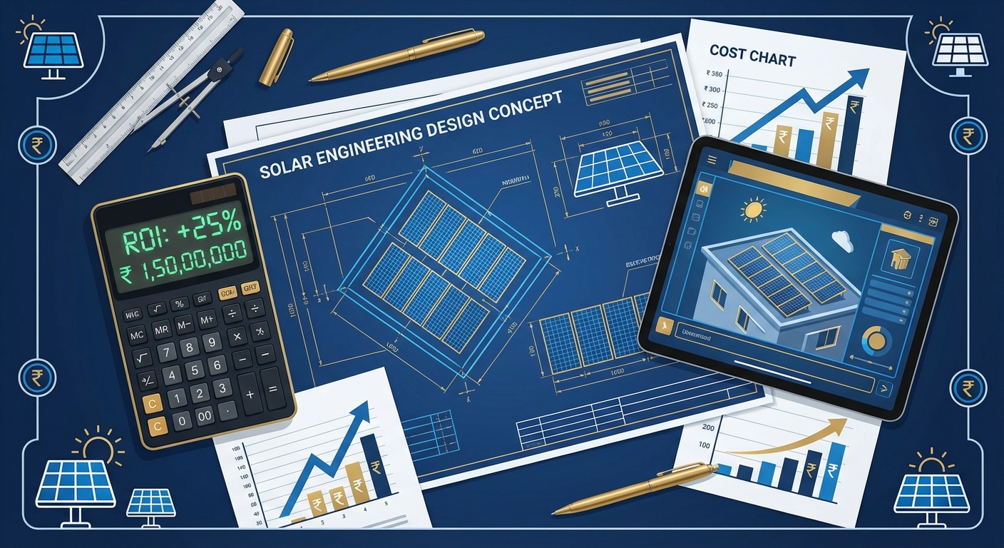 Solar design ROI calculation framework with engineering blueprints and financial analysis for EPC companies