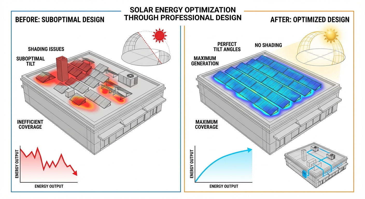 Energy generation optimization through professional solar design ROI showing shading analysis and tilt angle calculations