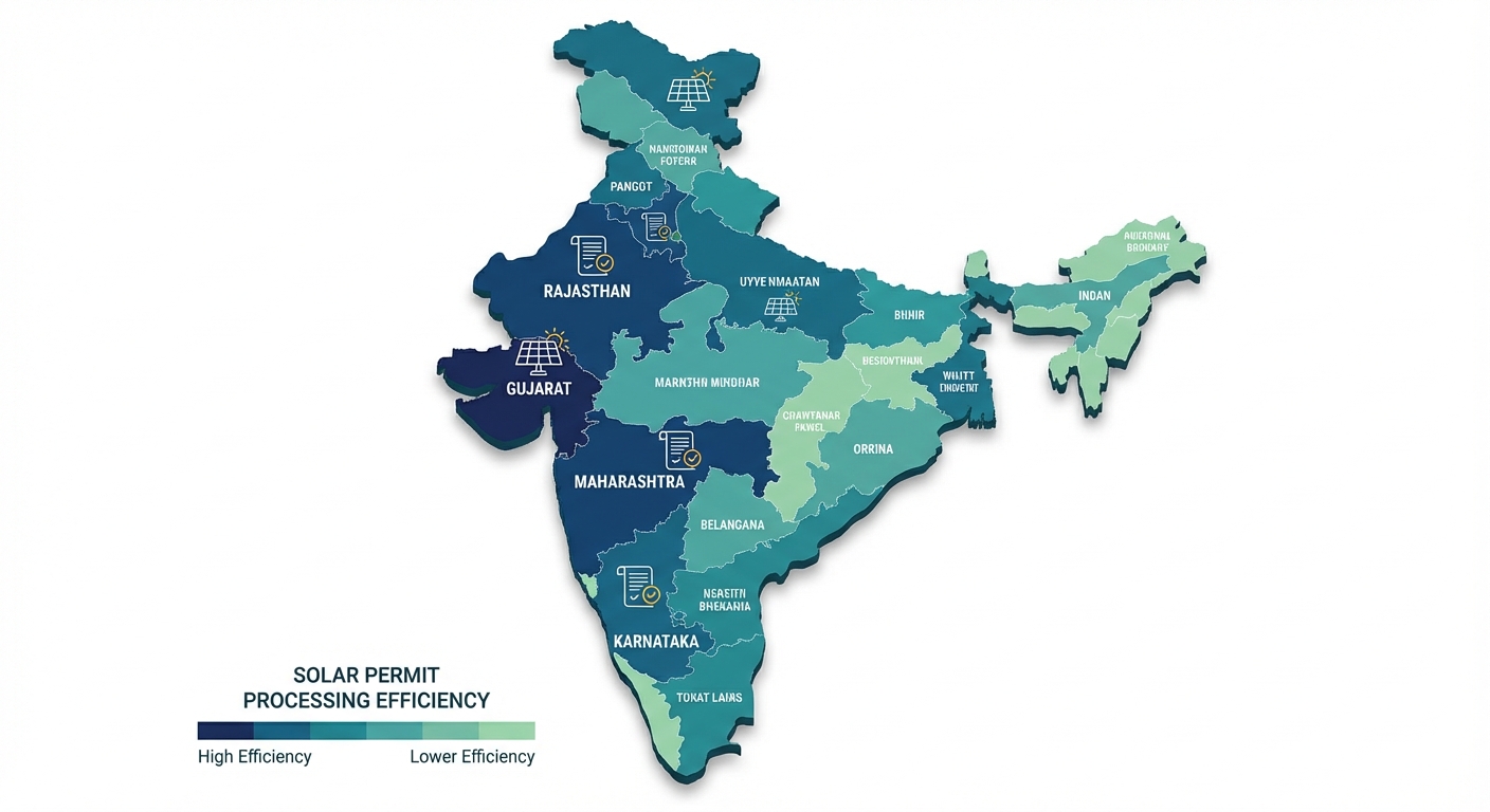India map showing state-wise solar permit processing times and requirements