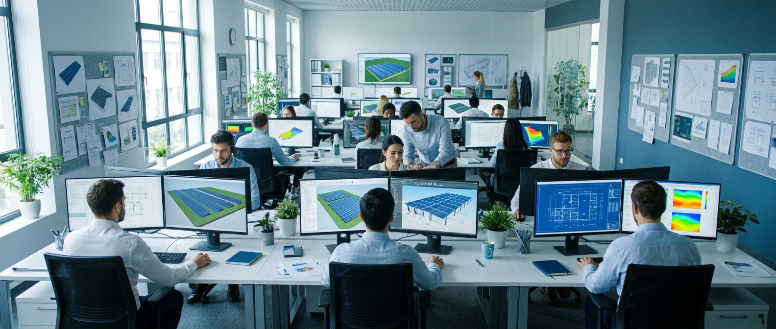 Solar design engineers working on detailed engineering drawings to protect design margins