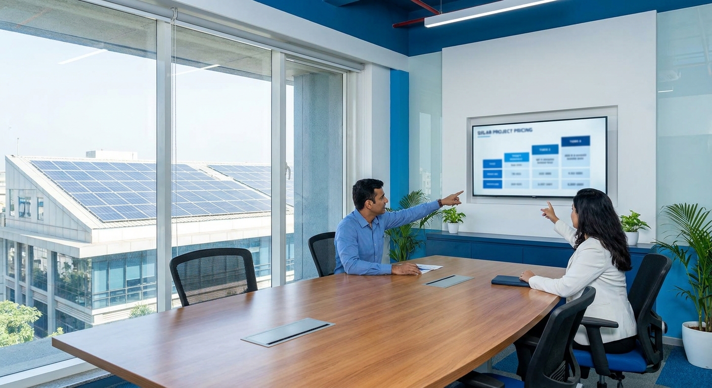 Solar EPC professional presenting tiered design margin pricing proposal to client