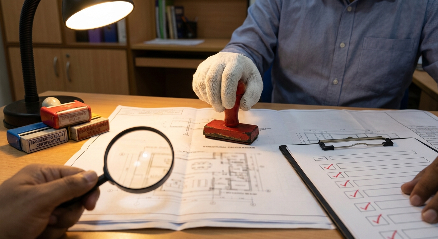 Quality assurance process for engineering documentation India with verification stamps and technical review