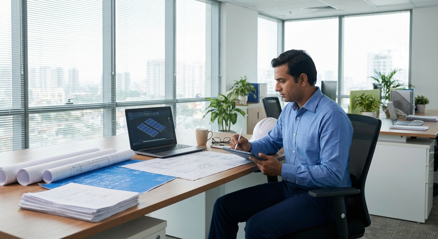 Professional solar engineering documentation India workspace with technical drawings and blueprints
