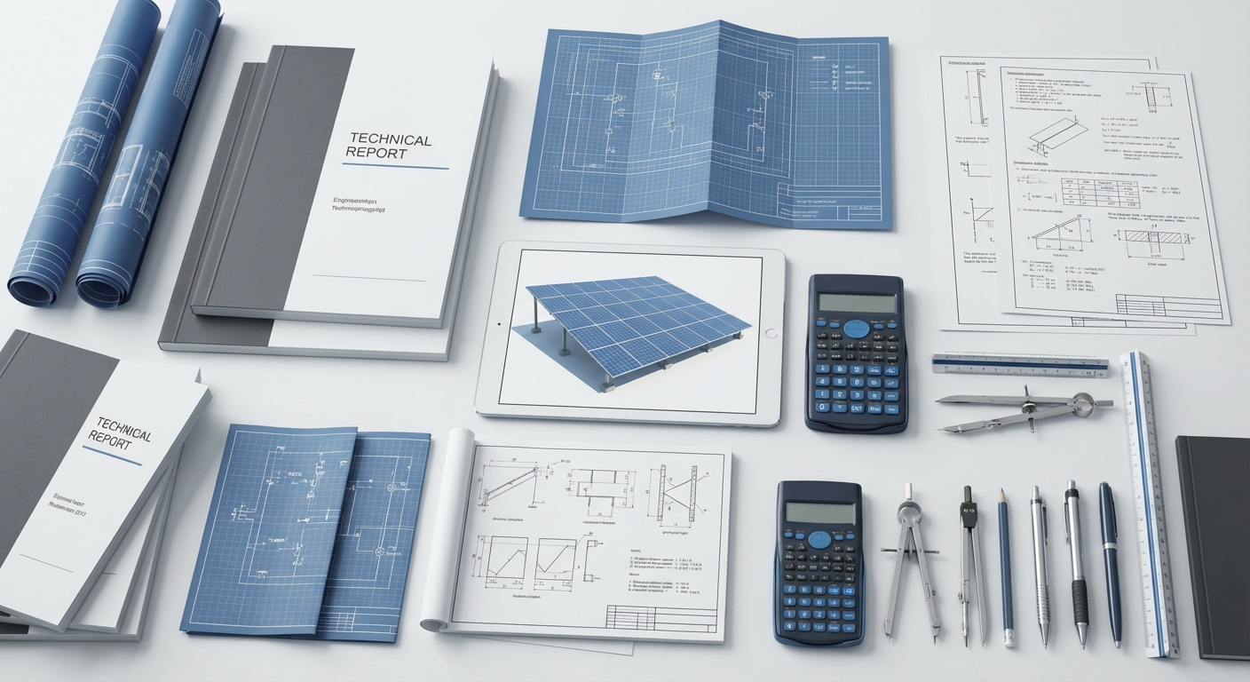 Comprehensive solar engineering documentation package showing various technical deliverables and reports