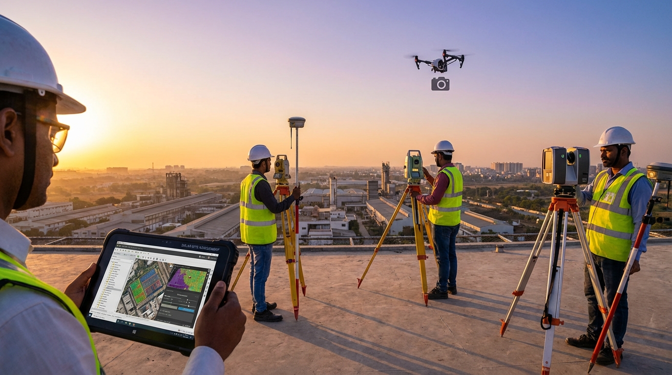 Professional survey team conducting site assessment for solar project with surveying equipment