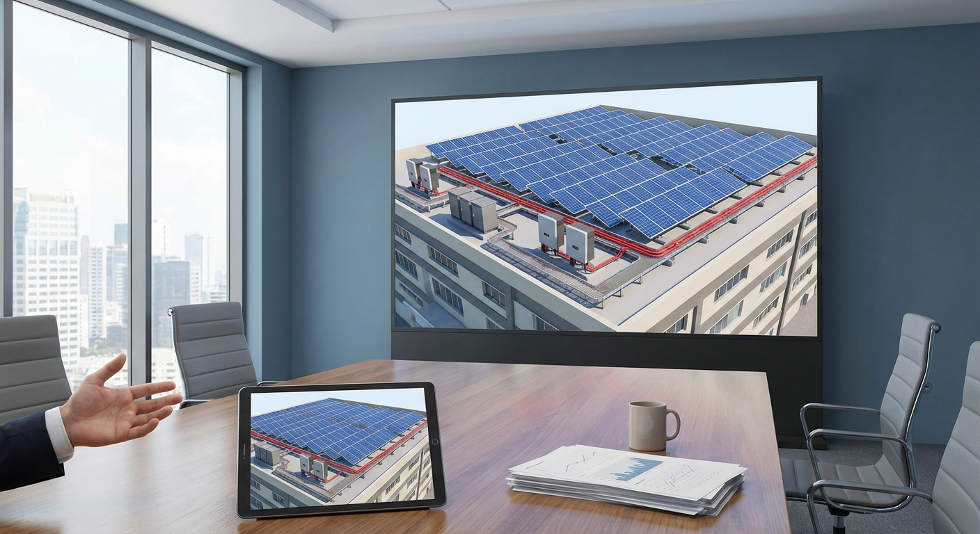 Professional presentation of 3D solar design visualization for client proposals