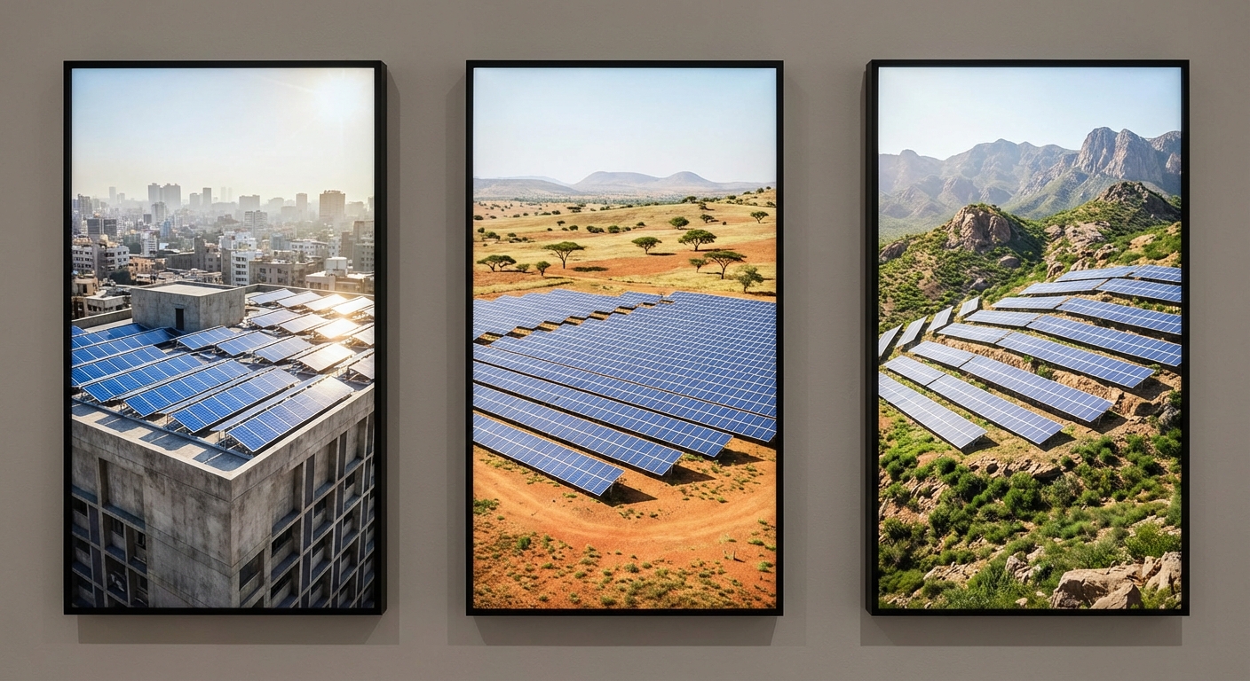 Comparison of 3D solar designs across different Indian terrains including rooftop, ground-mount, and hilly installations