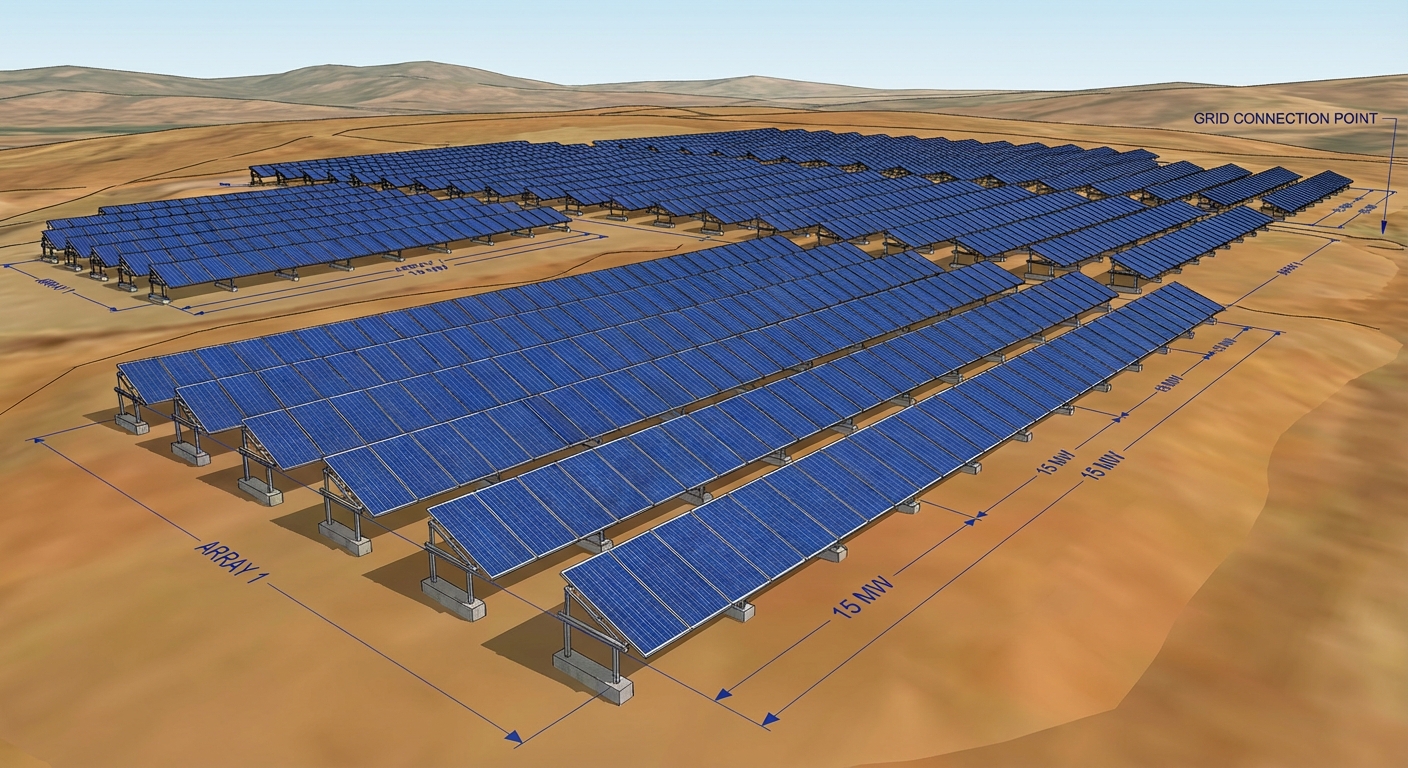 3D design India visualization showing solar farm project with detailed panel arrays and terrain modeling