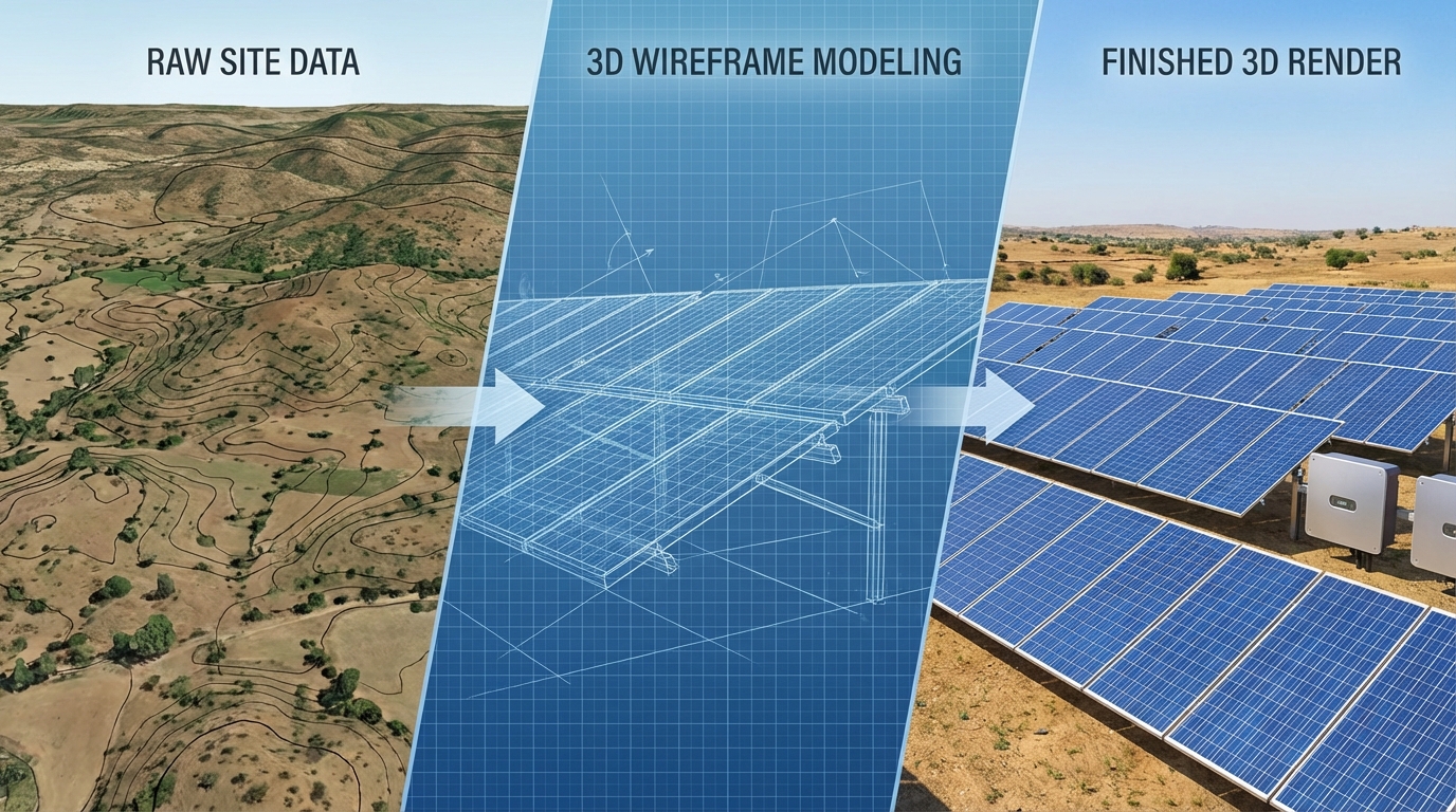 Solar 3D design process workflow showing progression from site assessment to final preliminary layout