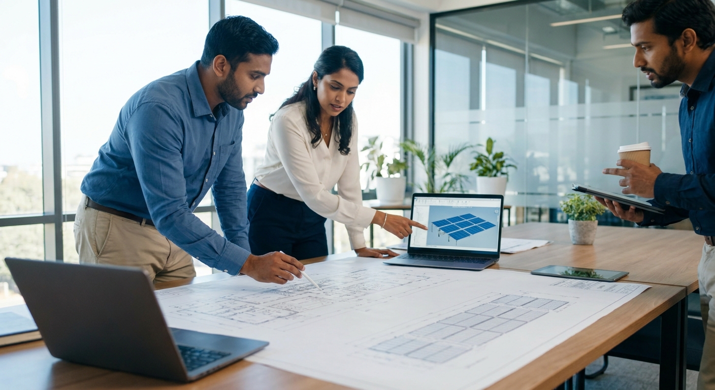 Solar engineers reviewing design accuracy documentation for EPC project in India