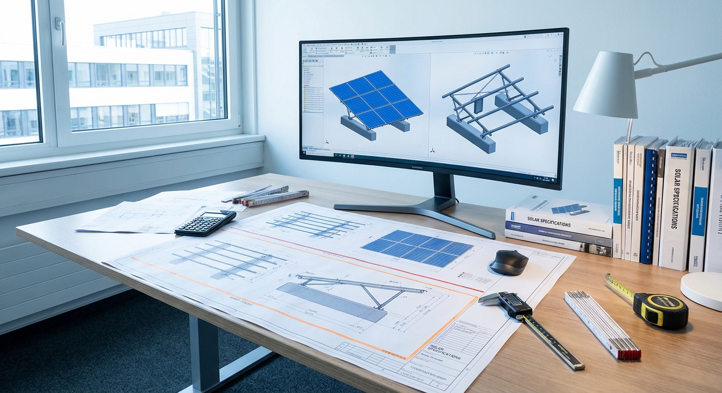 Professional engineering workspace showing detailed structural blueprints, CAD software with 3D solar mounting models, and technical documentation