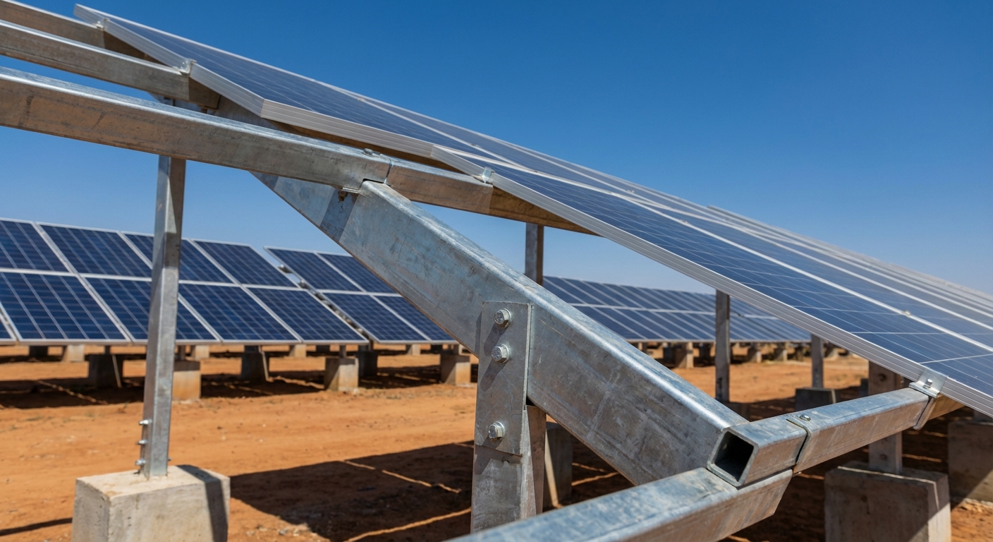 Large-scale solar farm in India showing detailed module mounting structures and steel framework with visible structural components