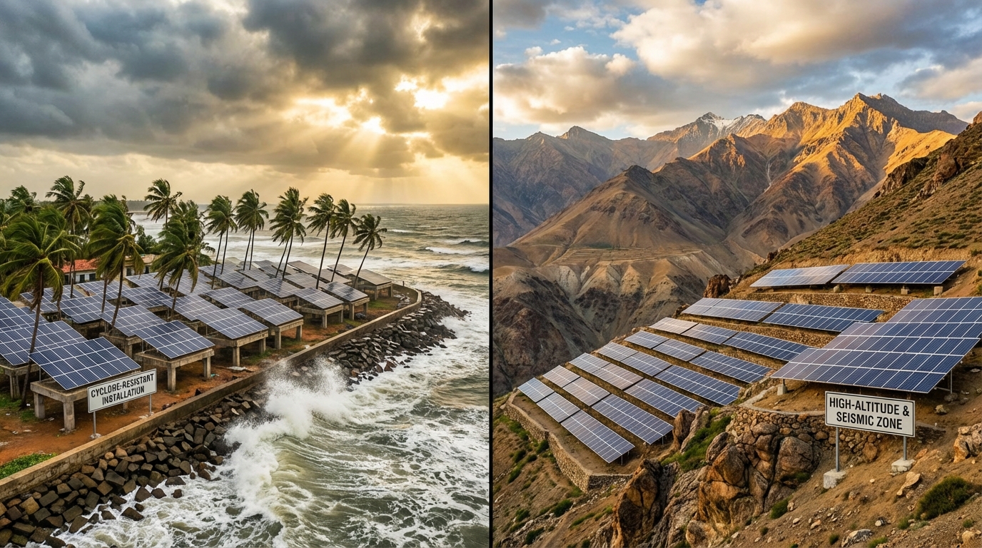 Split composition showing coastal and mountainous Indian landscapes with solar installations representing different climatic zones and structural challenges
