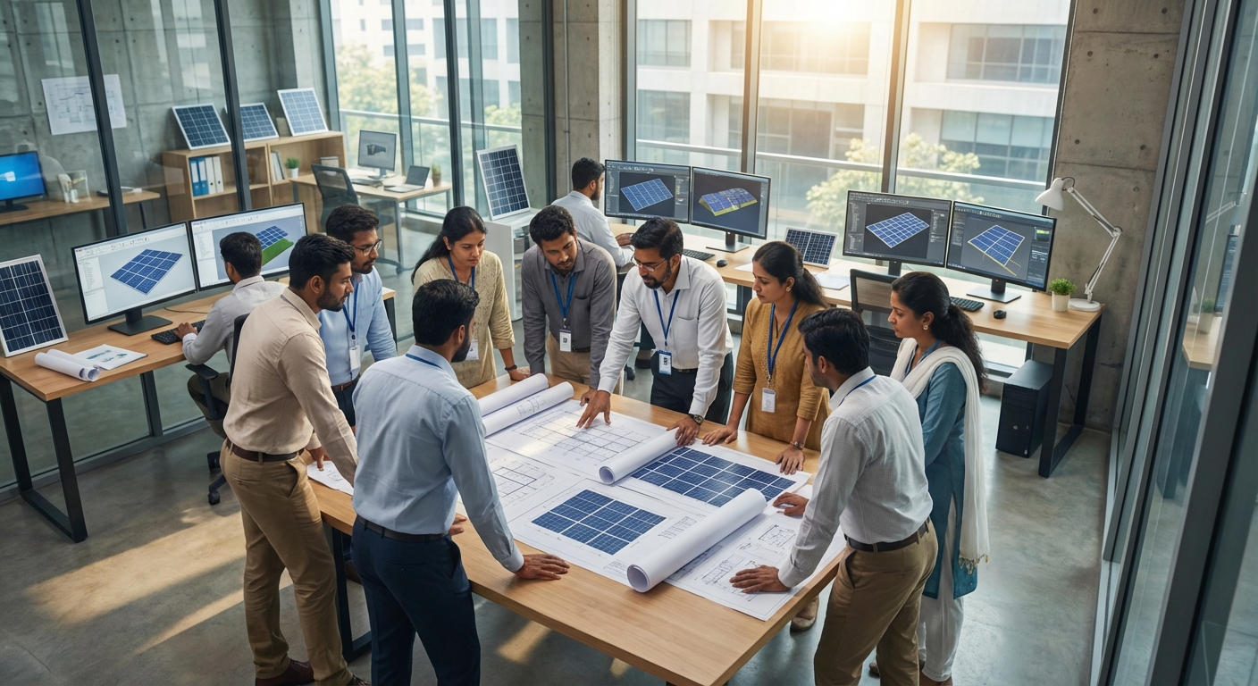 Solar engineering team collaborating on MW-scale project designs in India
