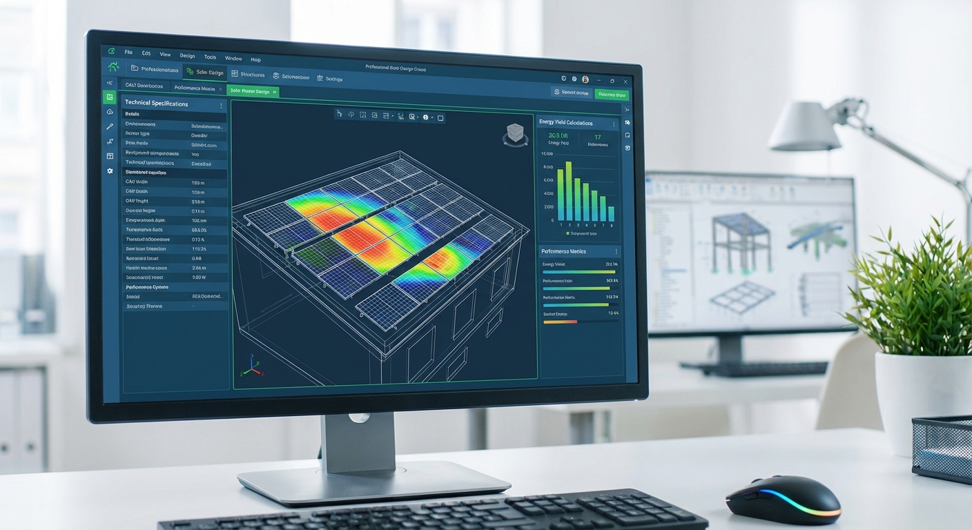 Solar design software interface showing solar engineering modeling and energy calculations
