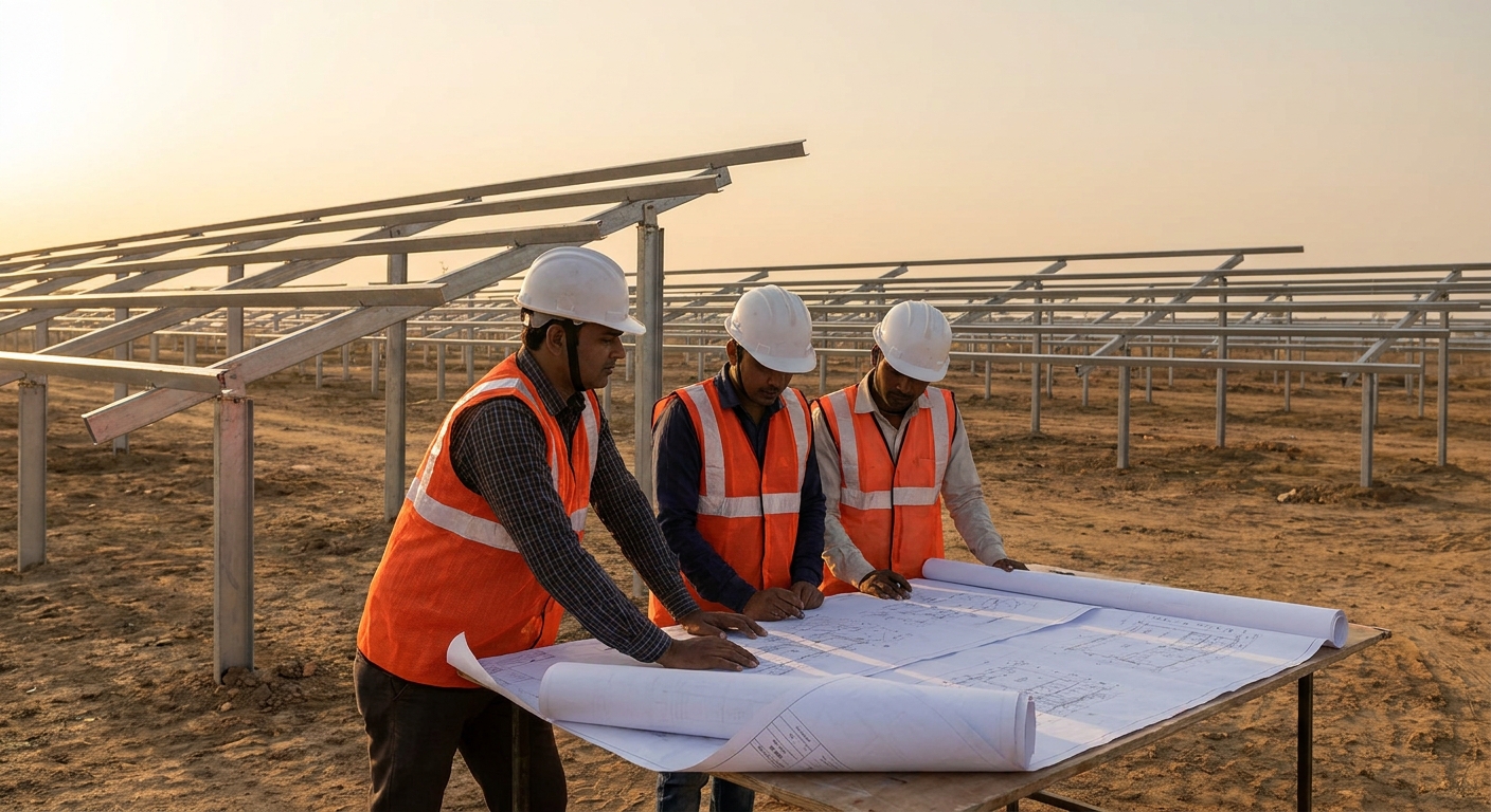 Solar structural design engineers reviewing foundation drawings at a ground-mount project site in India