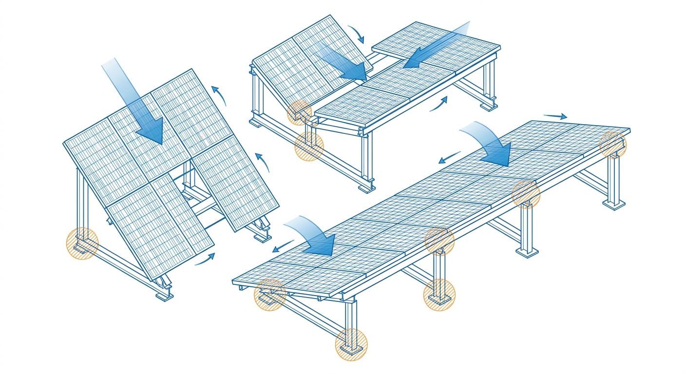 Wind load forces acting on solar panel array structural design at various tilt angles engineering illustration