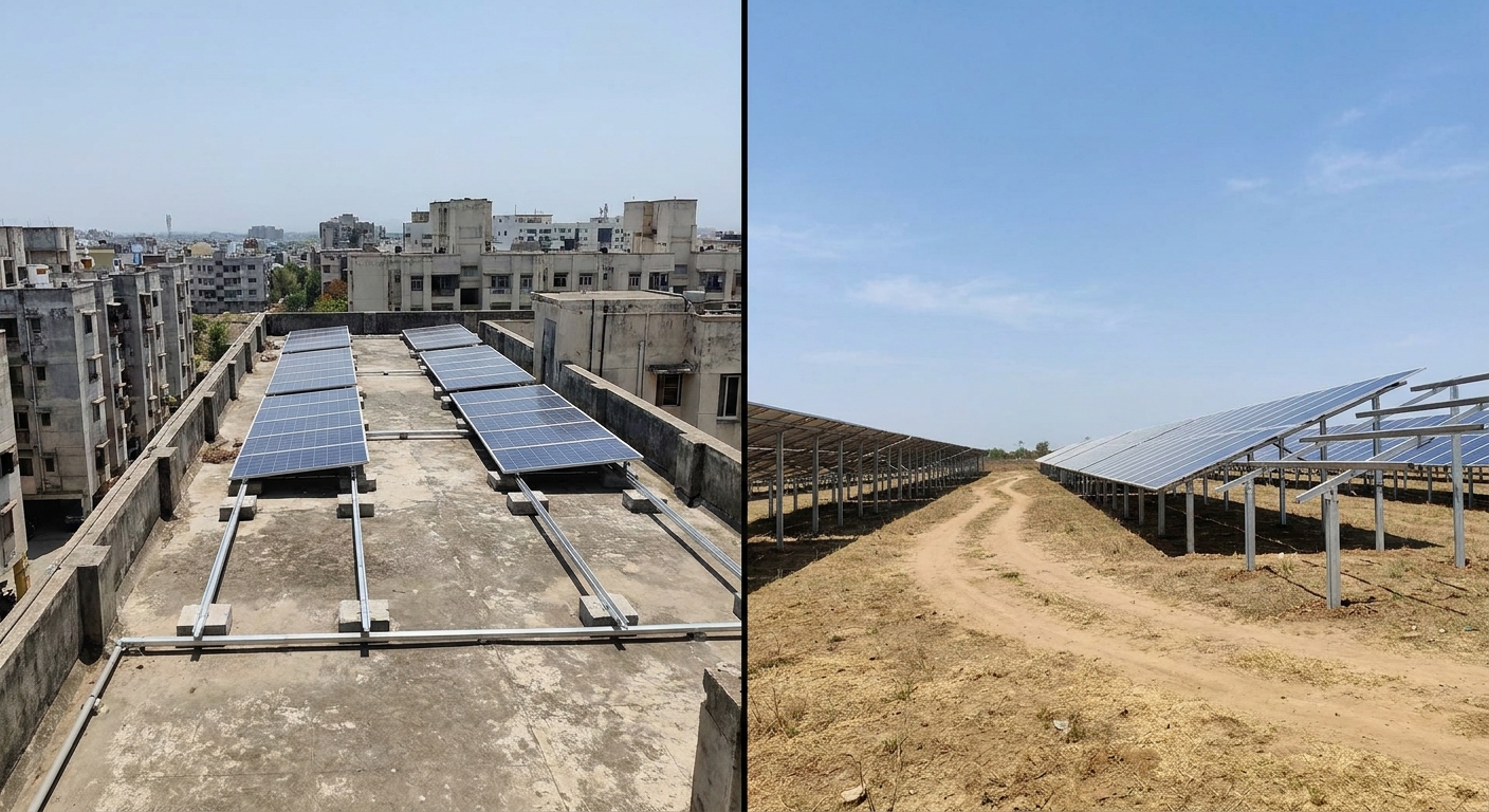 Rooftop solar mounting on RCC roof versus ground-mount solar on steel pile foundations structural design comparison