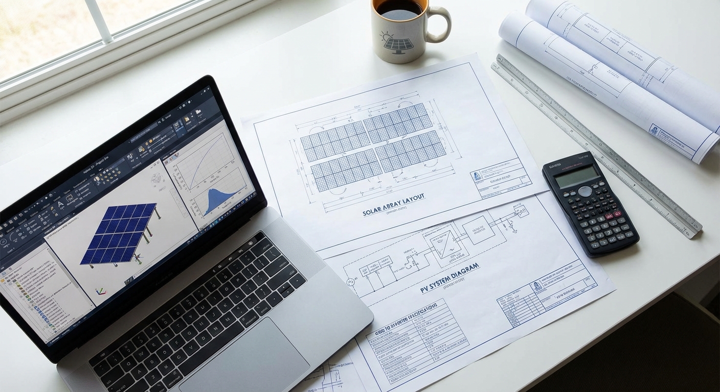 Solar engineering workspace showing technical drawings, design software, and engineering documentation for ground mount projects