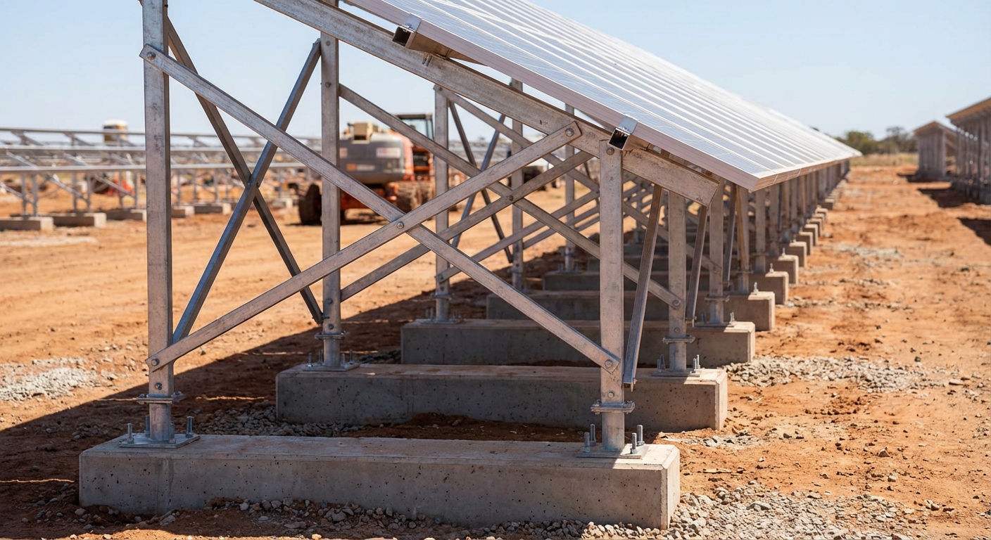 Ground mount solar foundation and mounting structure showing structural engineering details and installation on varied terrain