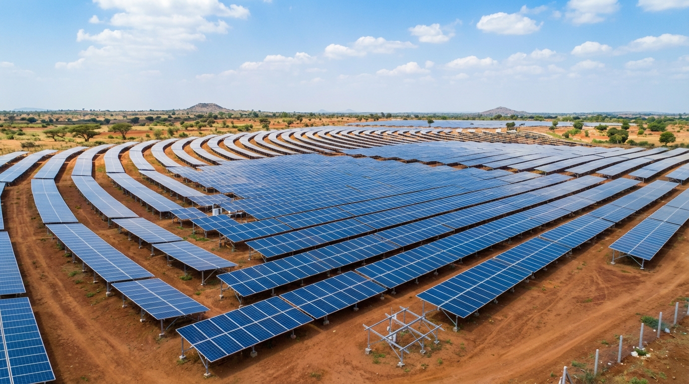 Ground mount India solar installation showing utility-scale solar farm with rows of panels across diverse terrain