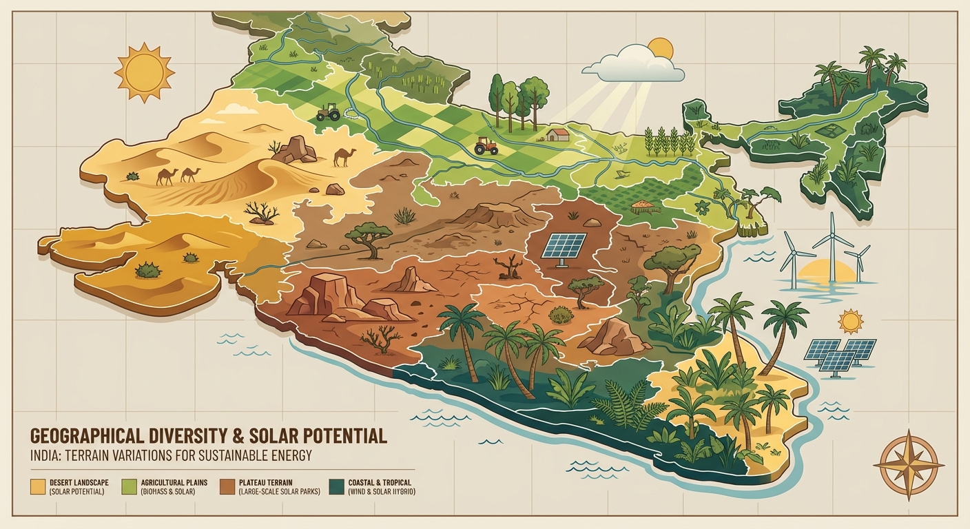 India map showing diverse geographical regions with different terrain types for ground mount solar projects