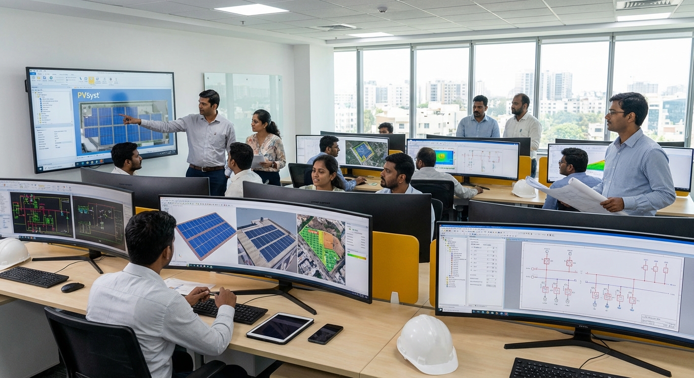 Solar engineers working on MW design India CAD software and technical drawings